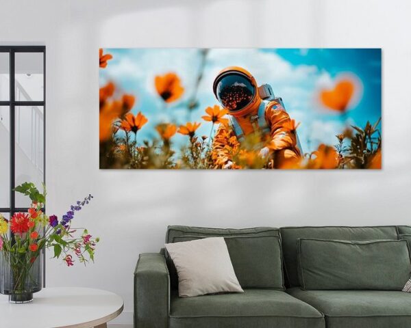 Astronaut zwischen blühenden Blumen