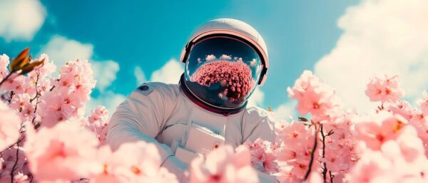 Astronaut zwischen blühenden Blumen