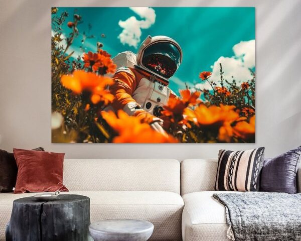 Astronaut zwischen bunten Blumenblüten