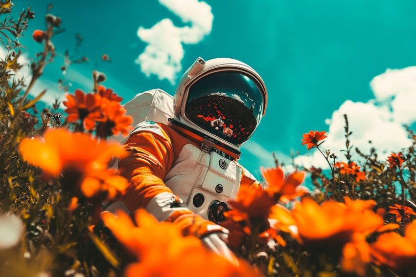 Astronaut zwischen bunten Blumenblüten