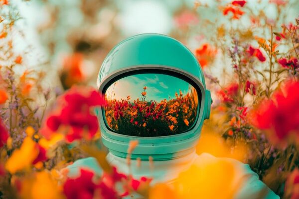 Astronaut zwischen bunten Blumenfeldern