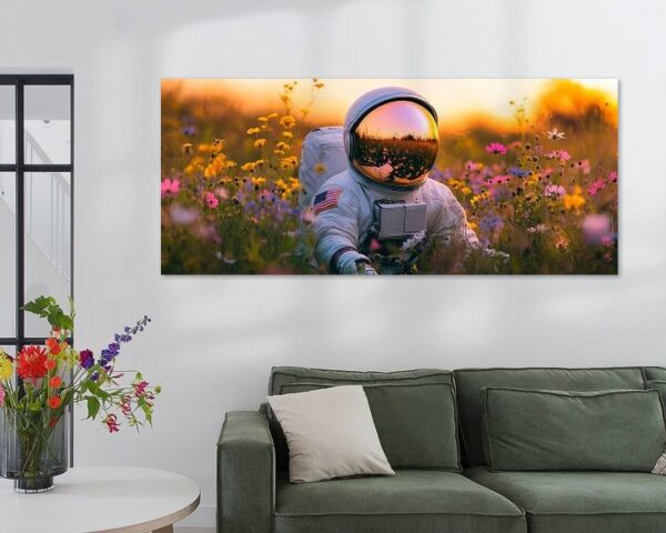 Astronaut zwischen bunten Blumenwiesen