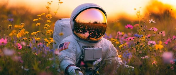 Astronaut zwischen bunten Blumenwiesen