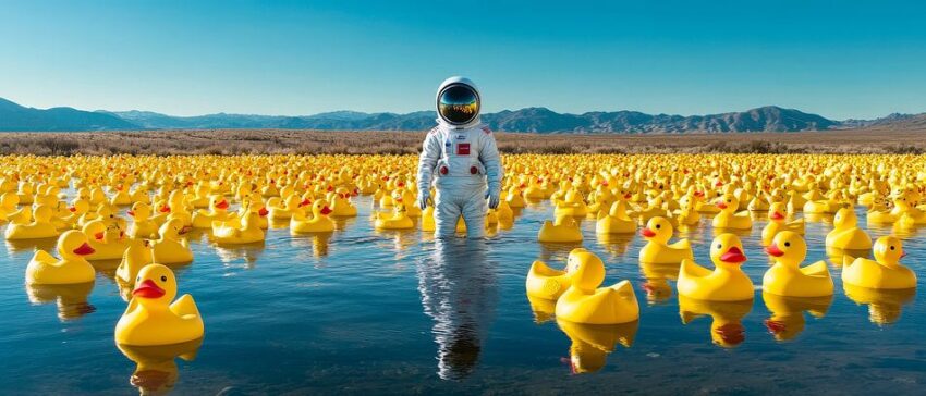 Astronaut zwischen gelben Enten im Wasser
