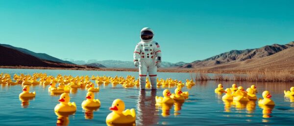 Astronaut zwischen gelben Enten – Surreal