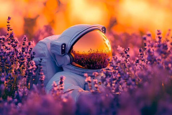 Astronaut zwischen lila Lavendelblüten