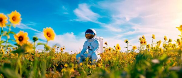 Astronaut zwischen Sonnenblumenfeldern