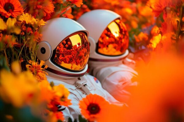 Astronauten im Blumenfeld