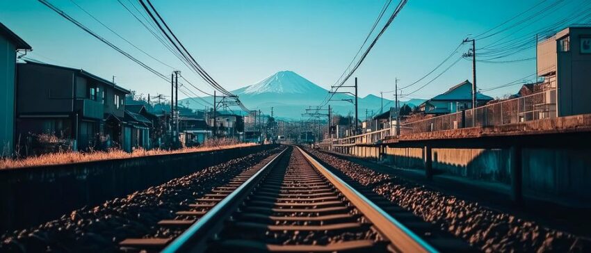 Bahnstrecke mit Bergblick – Minimalistisch