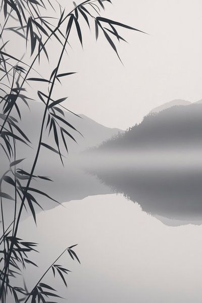 Bambus im Nebel über stillem Wasser