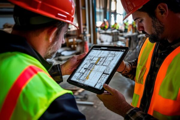 Bauleiter überprüfen Pläne auf Tablet