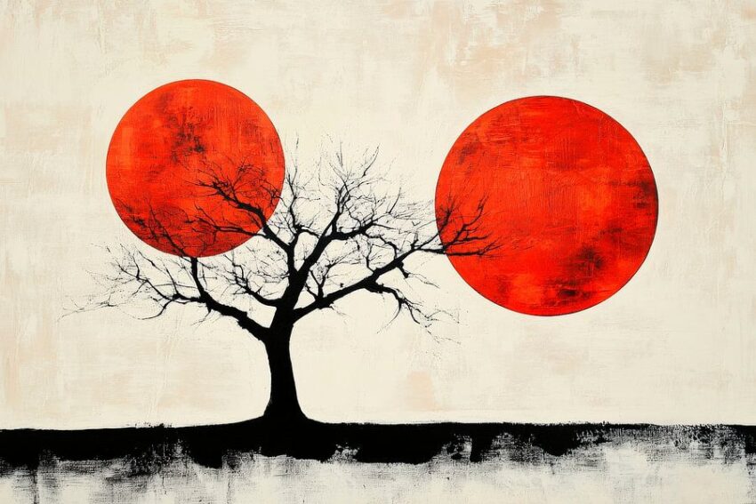 Baum vor roten Sonnen – Minimalistisch