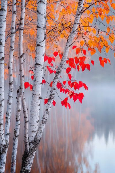 Bäume im Herbstnebel – Farbakzent