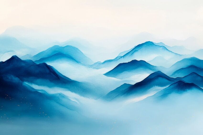 Berglandschaft im blauen Nebel