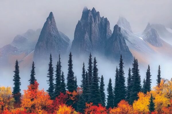 Berglandschaft im Herbstnebel