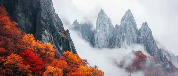 Berglandschaft im Herbstnebel