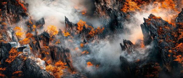 Berglandschaft mit Nebel und Feuer