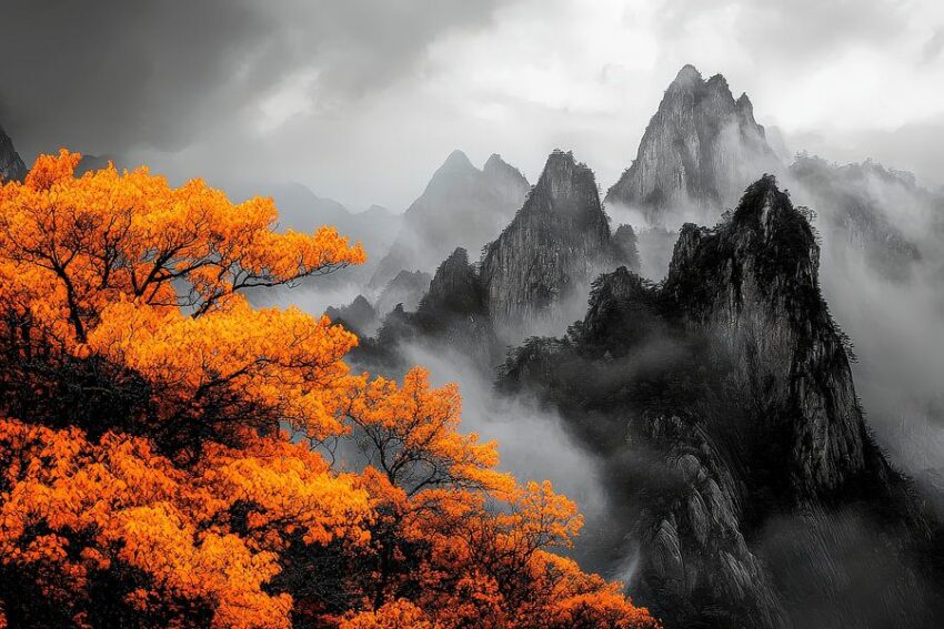 Berglandschaft mit orangefarbenem Baum