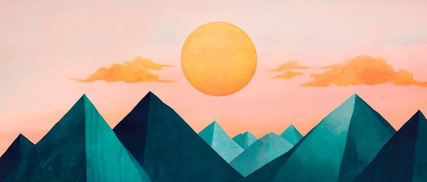 Berglandschaft mit orangefarbener Sonne