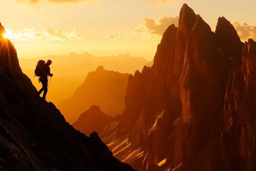 Bergsteiger im Sonnenuntergang