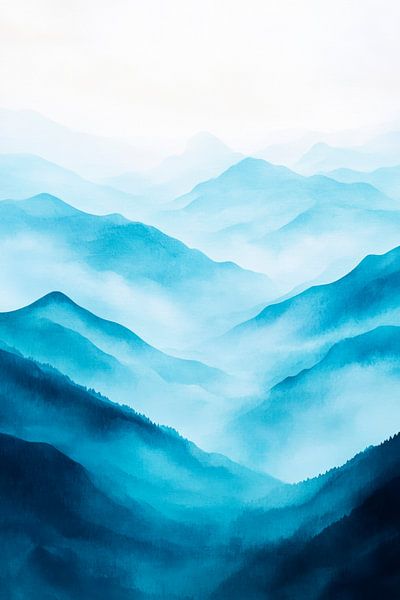 Blaue Berglandschaft im Nebel