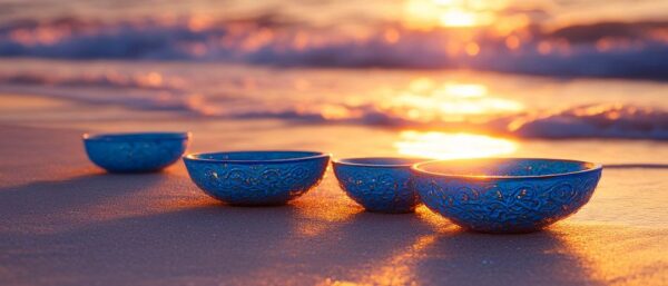 Blaue Schalen am Strand