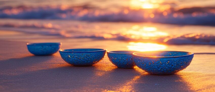Blaue Schalen am Strand