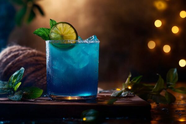 Blauer Cocktail mit Limette und Minze