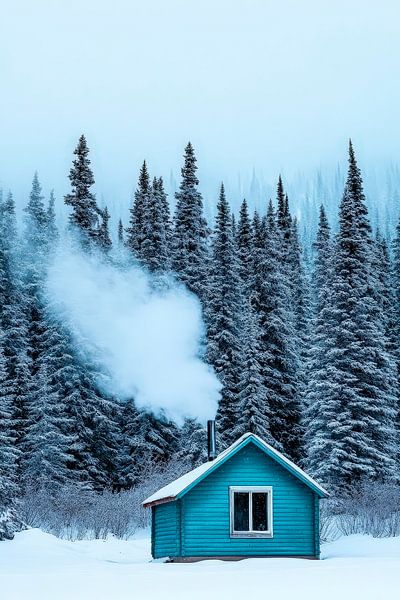 Blaues Haus im Winterwald mit Rauch