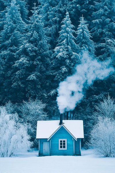 Blaues Holzhaus im Winterwald