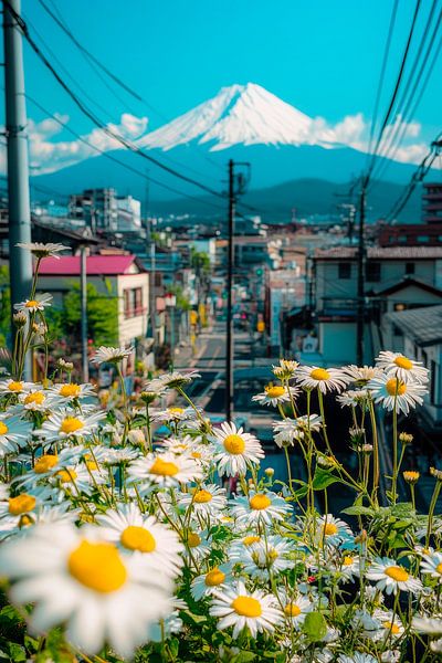 Blick auf Fuji mit Gänseblümchen