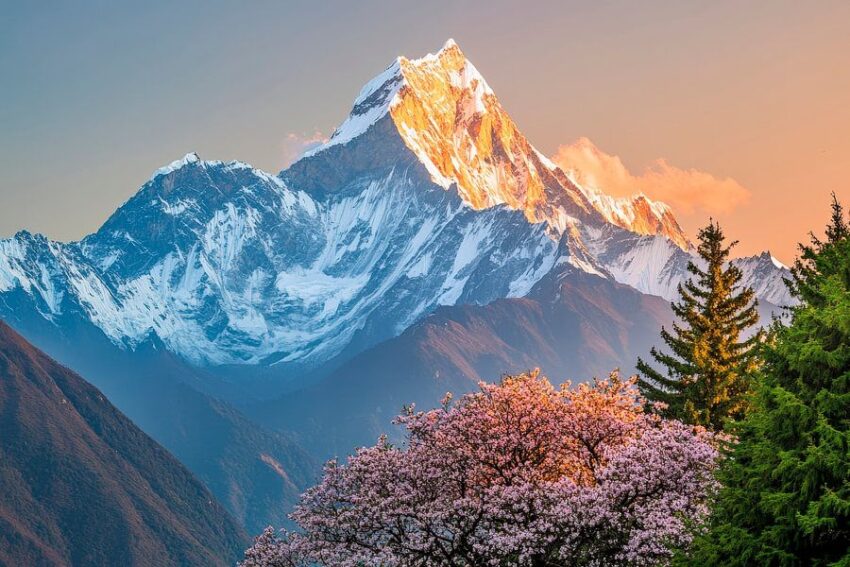 Blühende Berge bei Sonnenuntergang