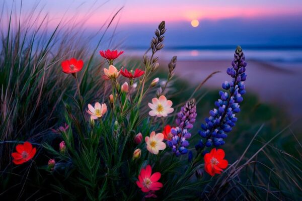 Blühende Blumen am Strand – Sonnenuntergang