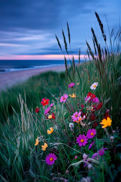 Blühende Wiese am Strand – Abendstimmung