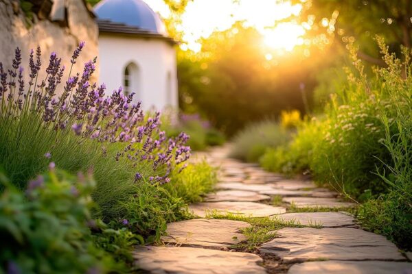 Blühender Gartenweg im Sonnenlicht