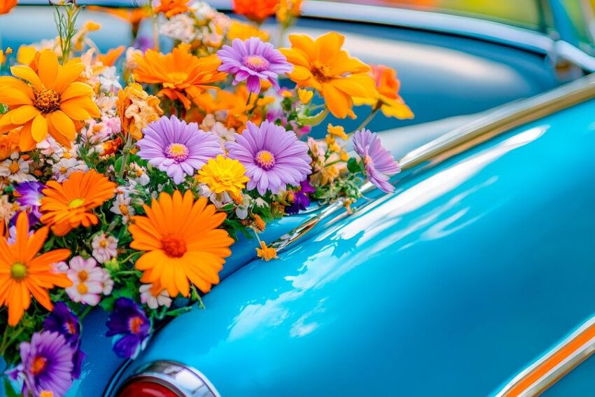 Blumen auf Autokofferraum – Farbenfroh