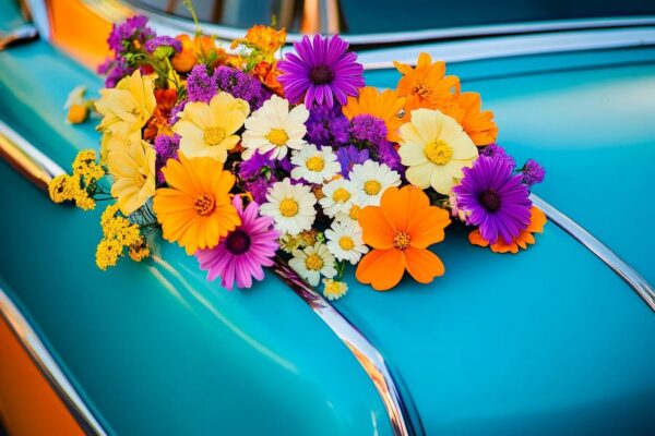 Blumenarrangement auf Autohaube