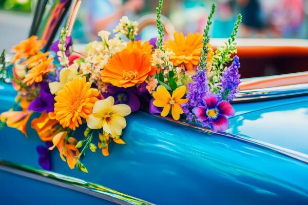 Blumenarrangement auf Blauem Auto