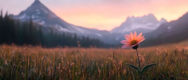 Blüte vor majestätischen Bergen