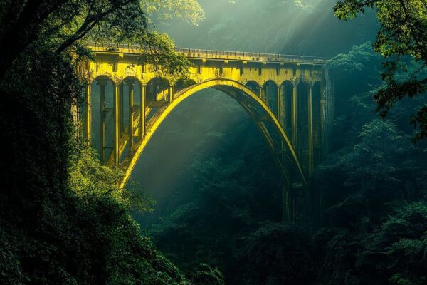 Bogenbrücke im Nebel – Naturkulisse