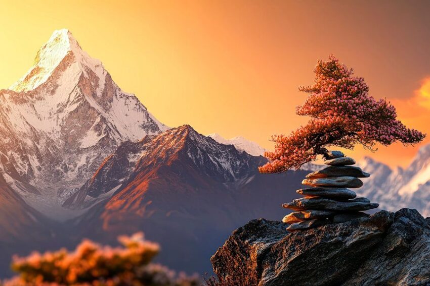 Bonsai und Berglandschaft bei Sonnenuntergang