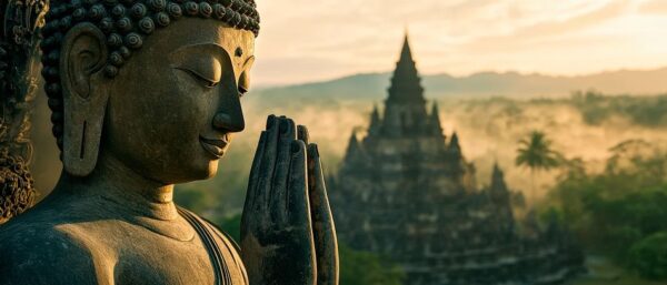 Buddha mit Tempel im Hintergrund