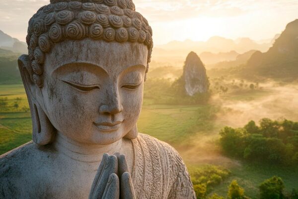 Buddhastatue im Morgennebel