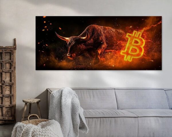 Bullenmarkt und Bitcoin-Logo – Dynamisch