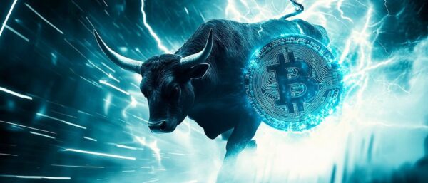 Bullenmotiv mit Bitcoin – Futuristisch