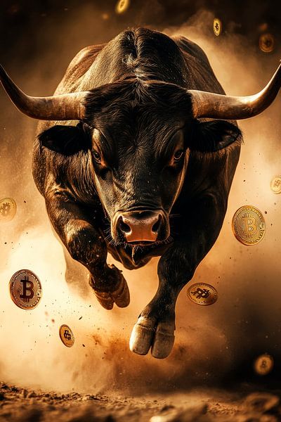 Bullenspring mit Bitcoin-Münzen