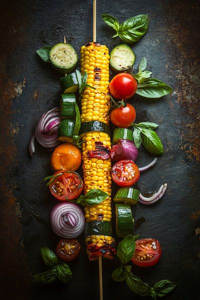 Bunt belegter Grillspieß mit Gemüse und Kräutern