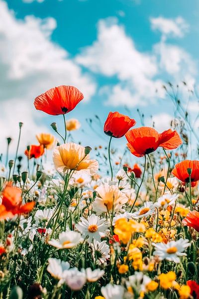 Bunt blühendes Blumenfeld im Sommer