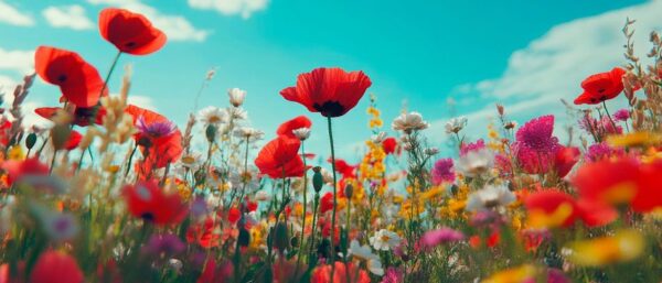 Bunt blühendes Blumenfeld im Sommer