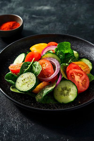 Bunt gemischter Salat auf schwarzem Teller